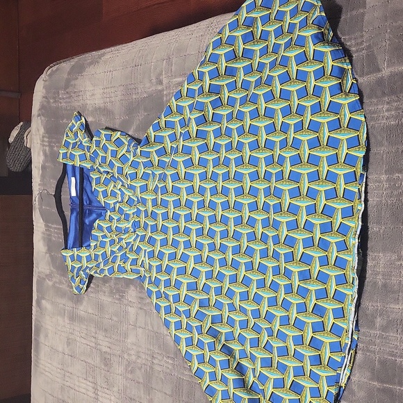 A patterned blue, turquoise,  yellow & black dress. - Picture 3 of 5